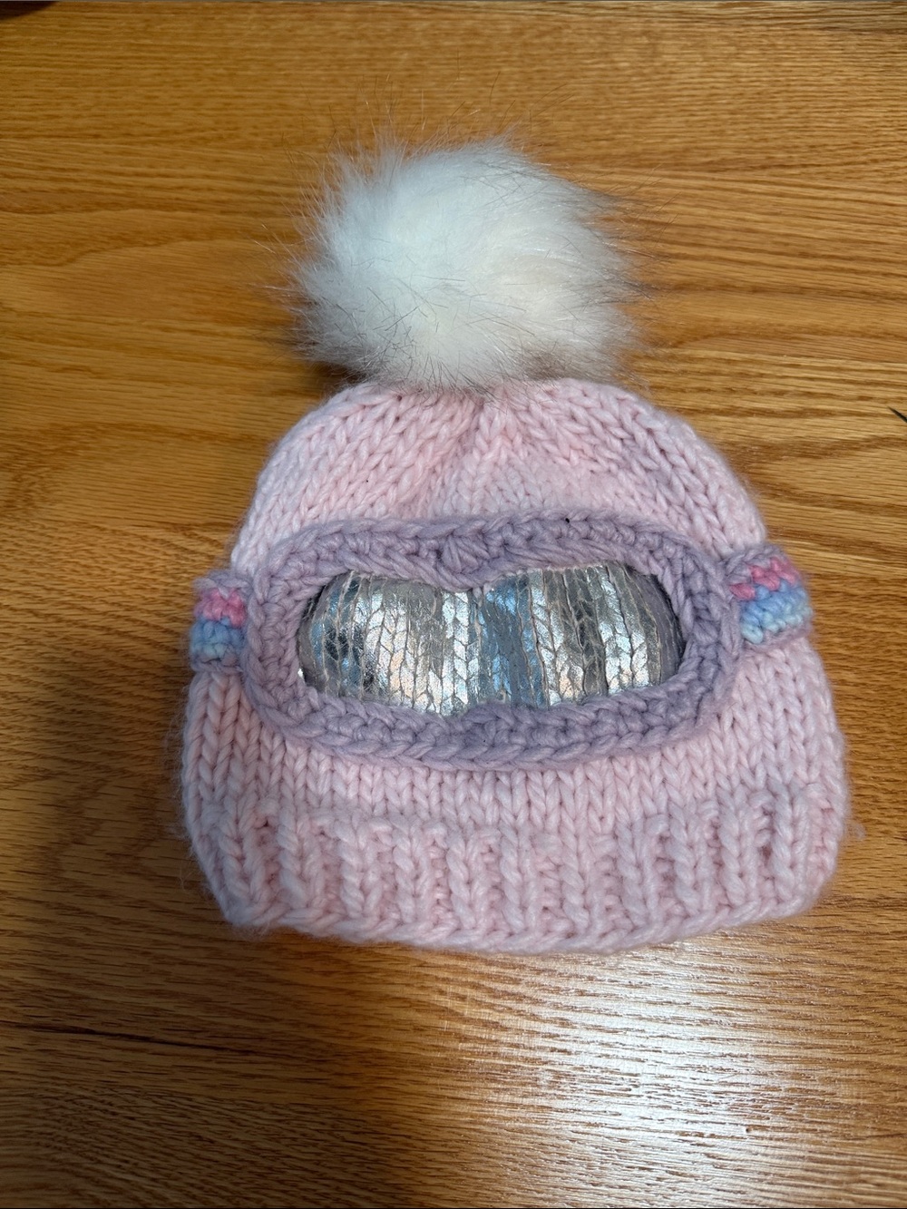 Girls Pink Knit Pom-Pom Visor Beanie
